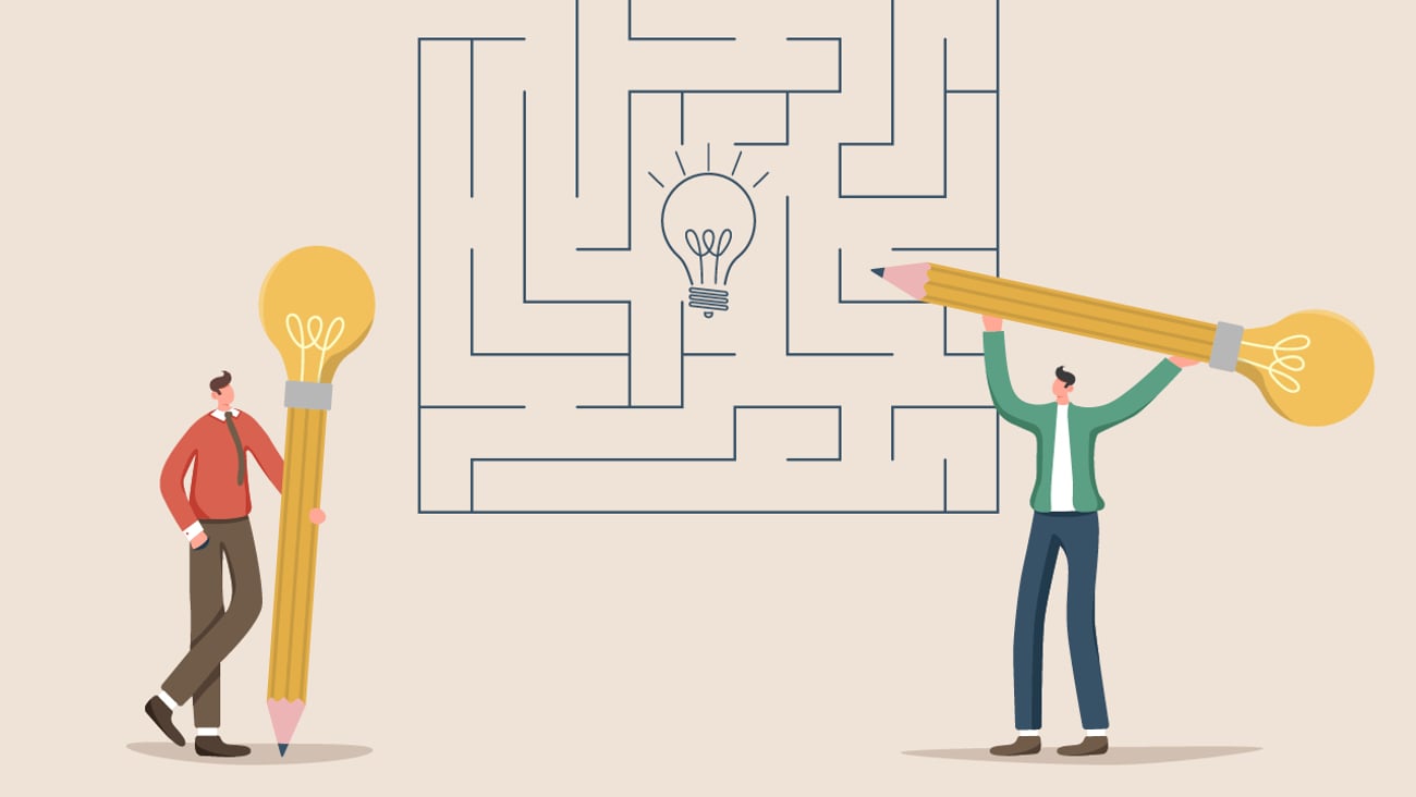 Cartoon of two men doing a massive maze puzzle with oversized pencils