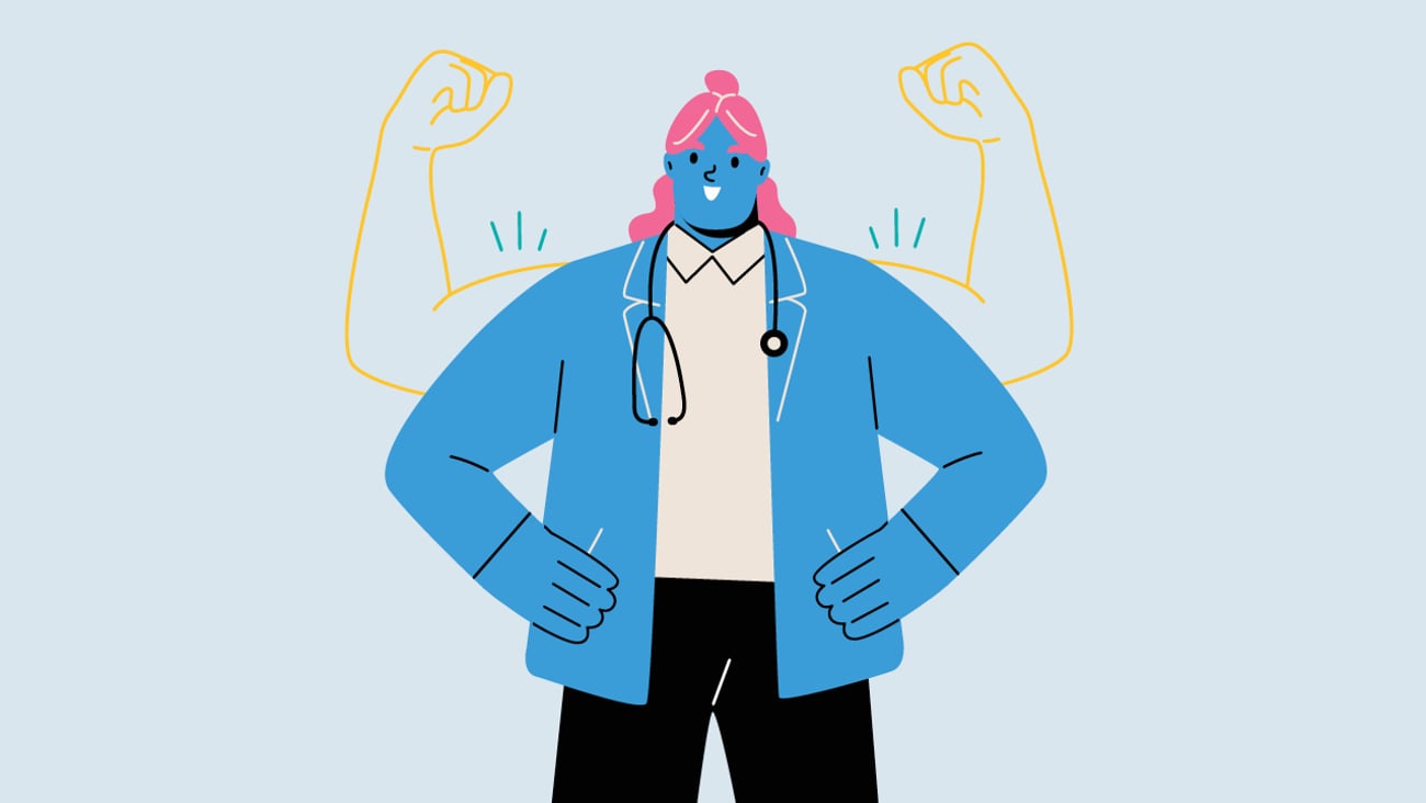 Cartoon of a woman doctor with hands on hips with a second set of arms outlined, raised in triumph as a concept to indicate inner strength