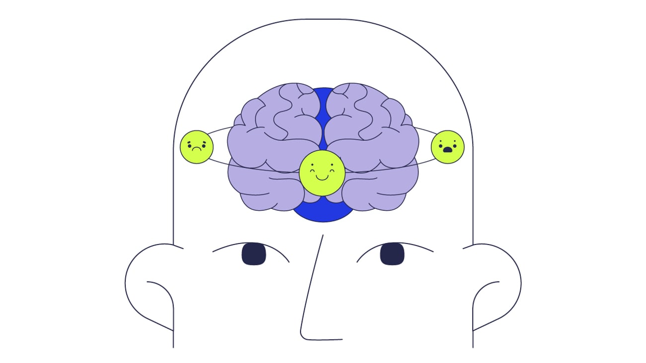 A cartoon of a person's brain with many swirling emotions