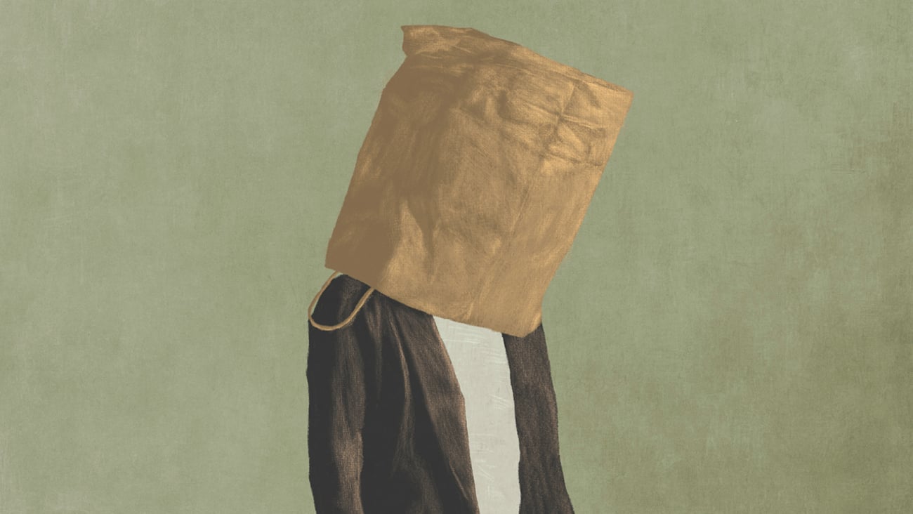 A painting of a person with a paper bag on their head