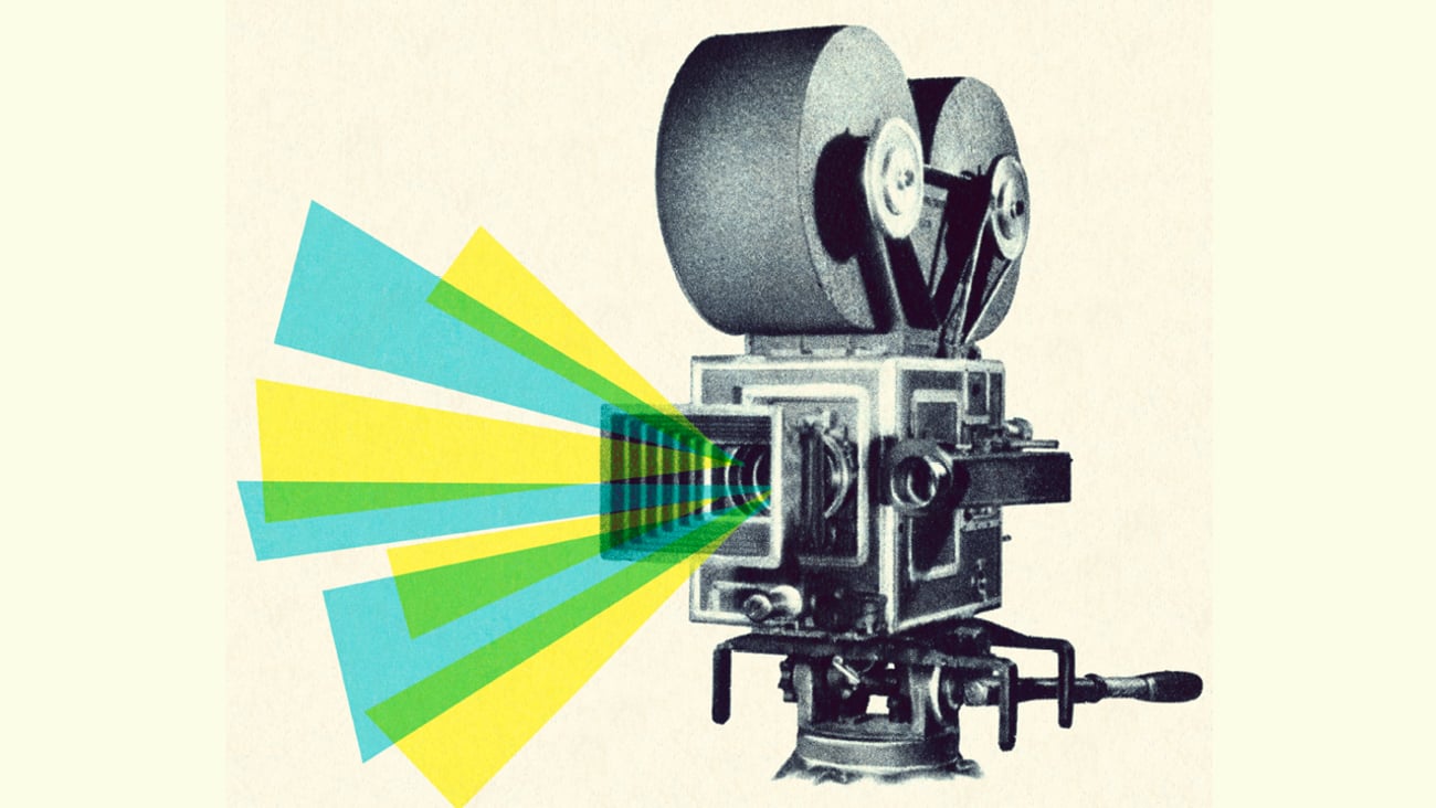 A cartoon of a large film camera
