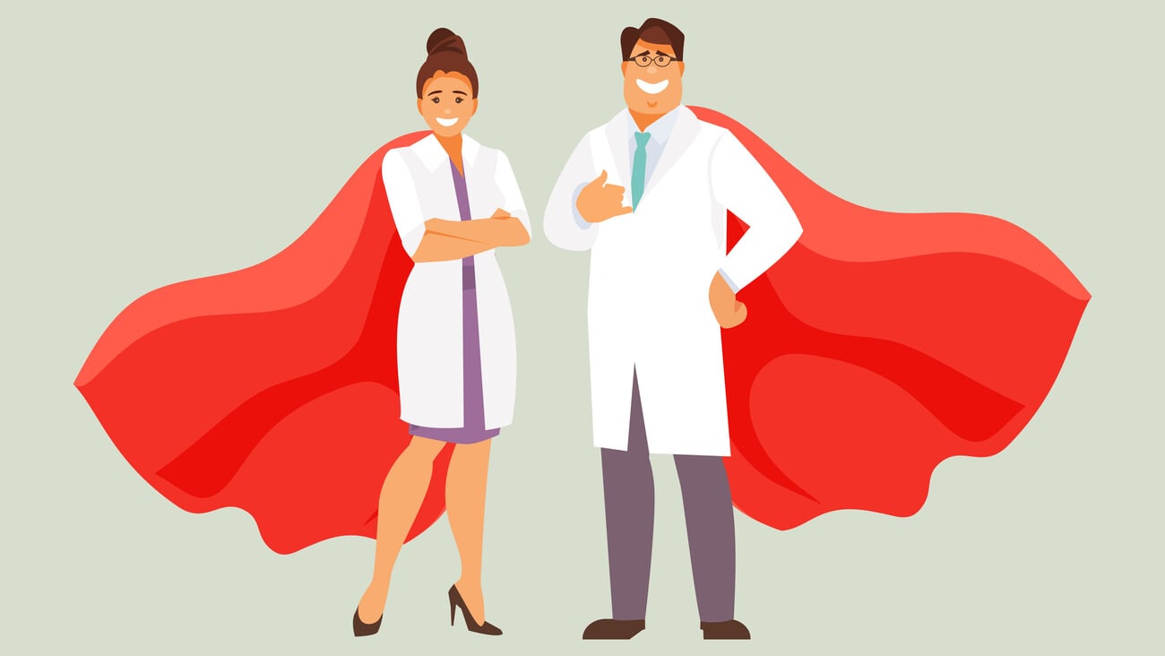 Doctors man and woman in superhero cloaks. Vector illustration; Shutterstock ID 1259855665