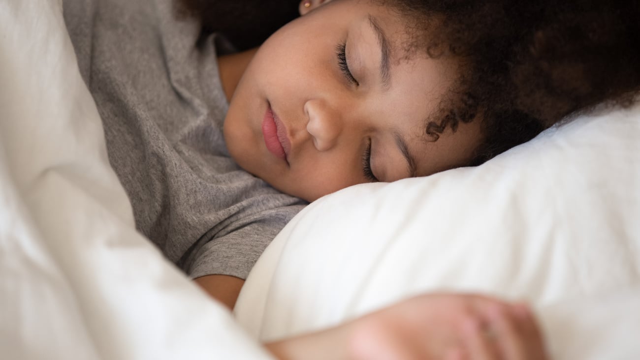 Cute little african american kid girl sleeping well alone in bed under warm blanket duvet lying on comfort white soft pillow, adorable small child rest asleep enjoy good healthy peaceful sleep or nap; Shutterstock ID 1417298024