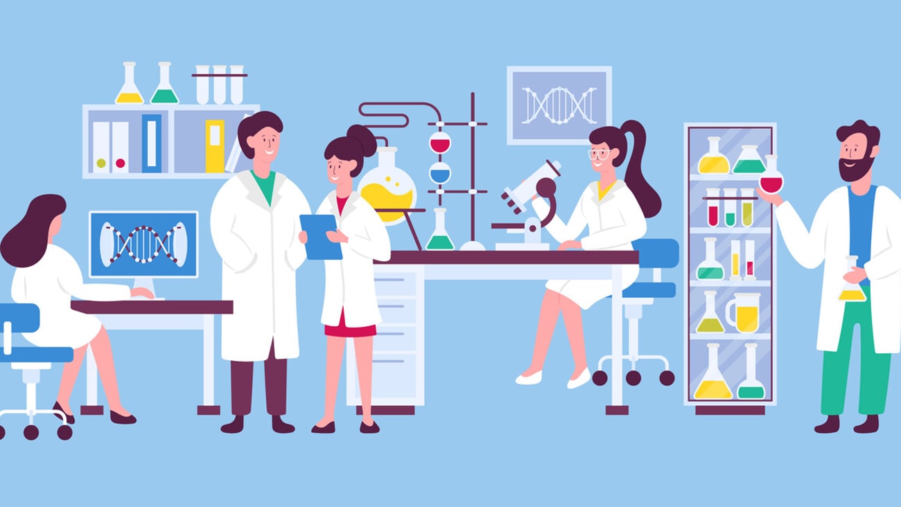 Scientists in science lab working on medical, chemical or biological laboratory research and test. Doctors and students characters design. Vector illustration; Shutterstock ID 1486561133