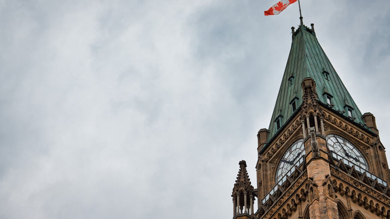 The upper portion of the Peace Tower on Parliament Hill in Ottawa, Canada from a low angle.; Shutterstock ID 1930145516