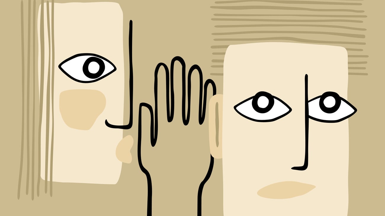 Fake news - abstract person whispers gossip in another persons ear. Vector illustration; Shutterstock ID 1943060116