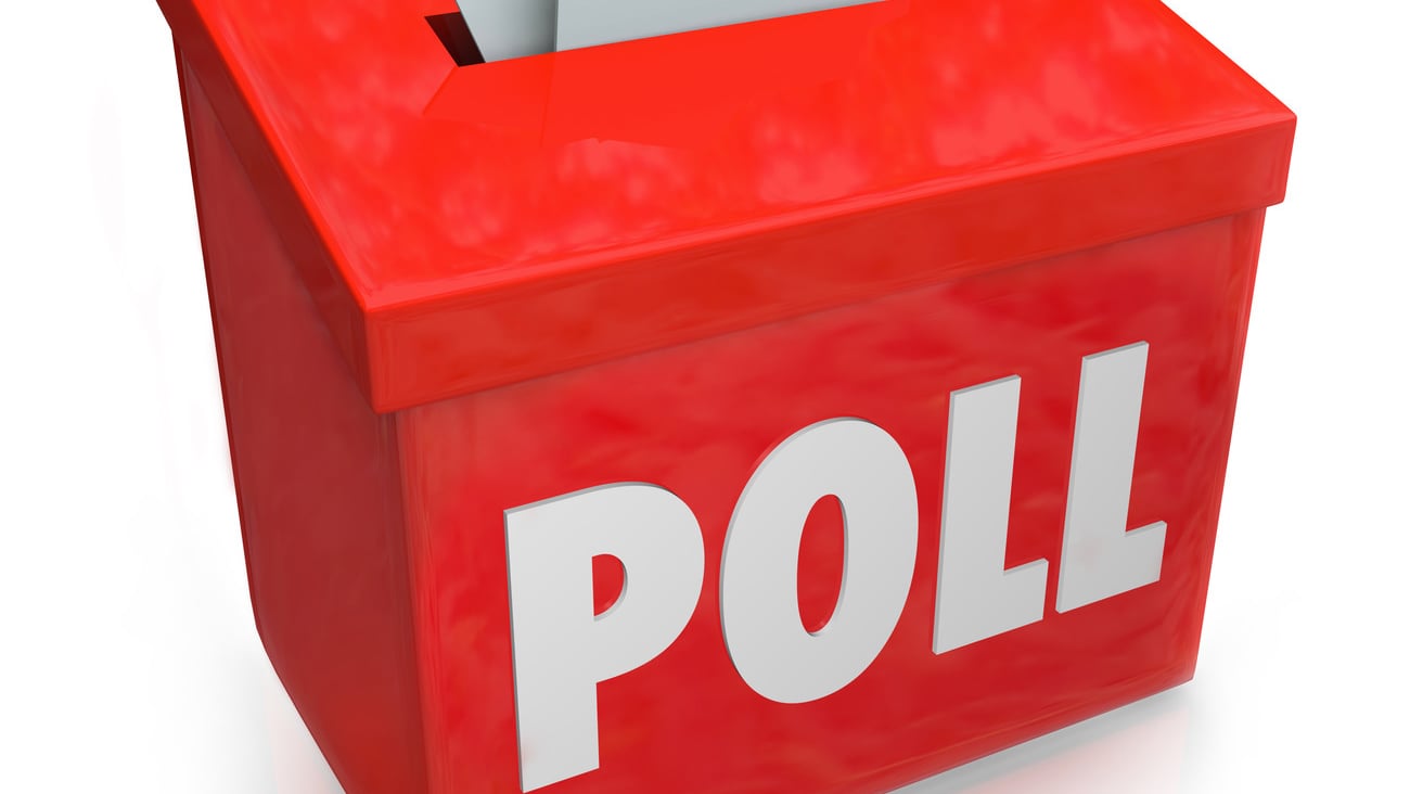 Poll word on a red collection box for votes, survey reponses or answers to questions ; Shutterstock ID 196440113