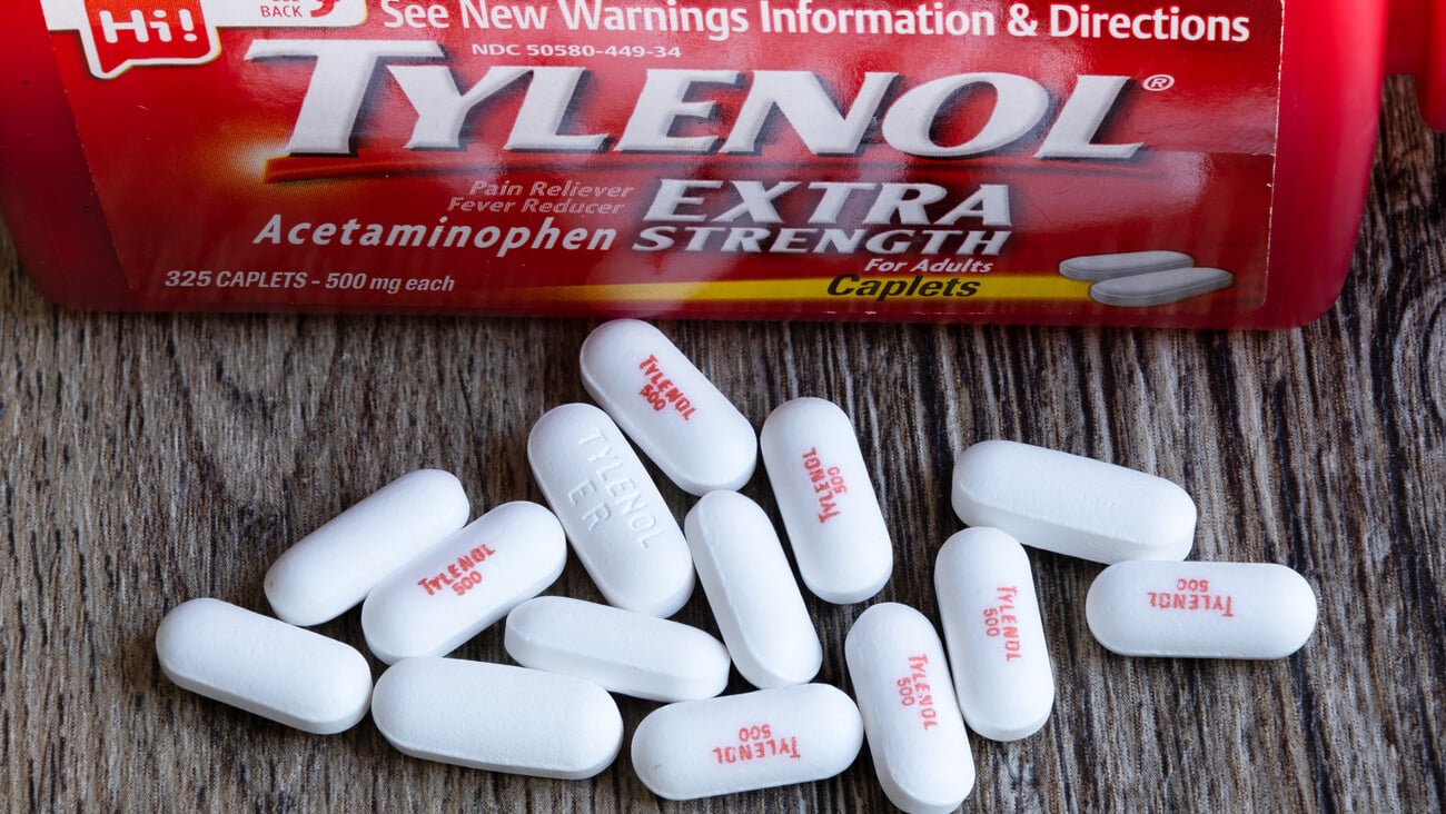 Washington, D.C, USA - July 3rd, 2021: Closeup view of bottle Of Tylenol Extra Strength With Many Pills On A Wooden Table Which Was Sold Out During Covid-19 time for reducing fever, headache; Shutterstock ID 2001375902
