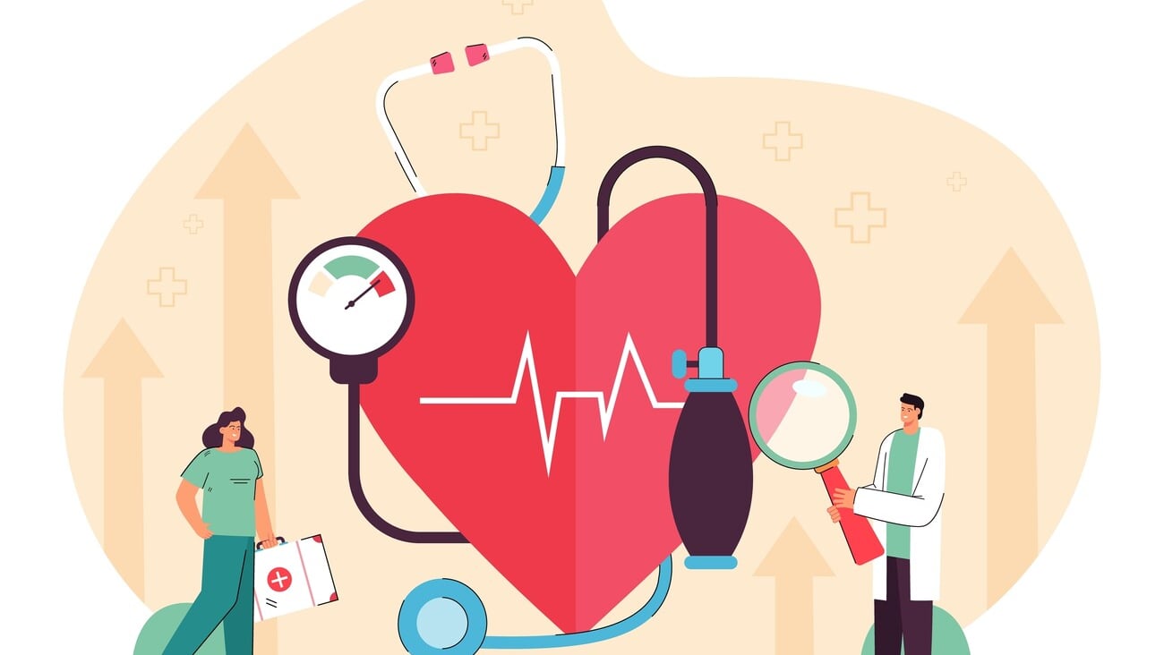 Tiny cardiology doctor and nurse examining heart, blood pressure, prescribing treatment. Medical cardiovascular checkup flat vector illustration. Anatomy, hospital, heart diseases, health care concept; Shutterstock ID 2072497061