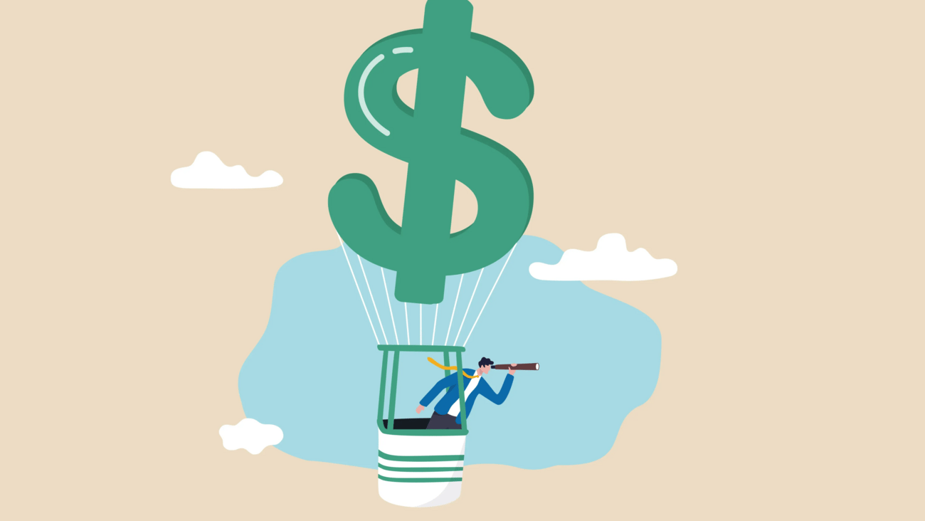 Economic prediction, forecast or vision, inflation and monetary policy or investment profit and earning concept, businessman investor flying on money dollar sign balloon look through telescope.