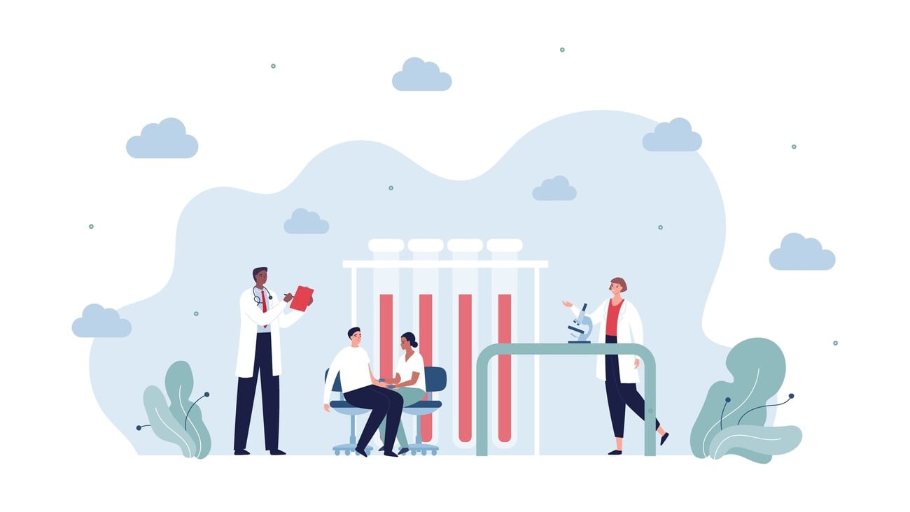 Healthcare, pharmacy and lab test concept. Vector flat character illustration. Mixed ethnic doctor team and patient test tube on background. Design for infographic and hospital service.; Shutterstock ID 2124982541