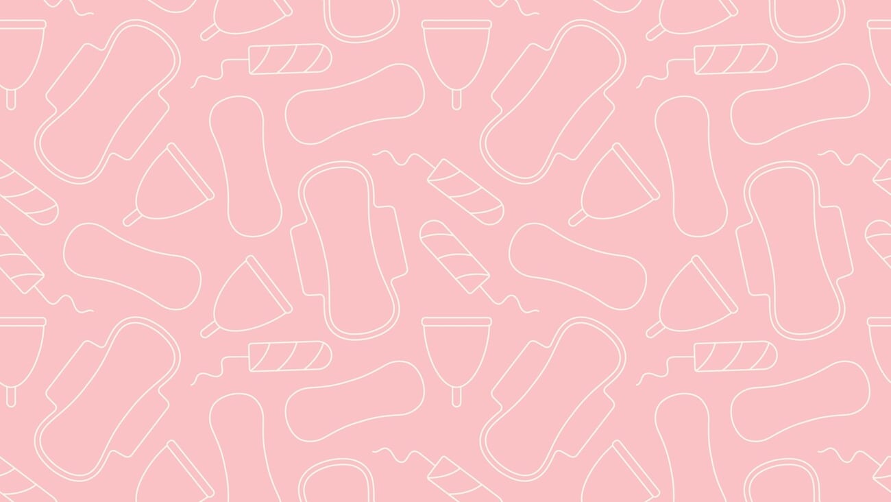 seamless pattern of different menstrual hygiene products: menstrual cup, sanitary pad, tampon, panty liner- vector illustration; Shutterstock ID 2196910557