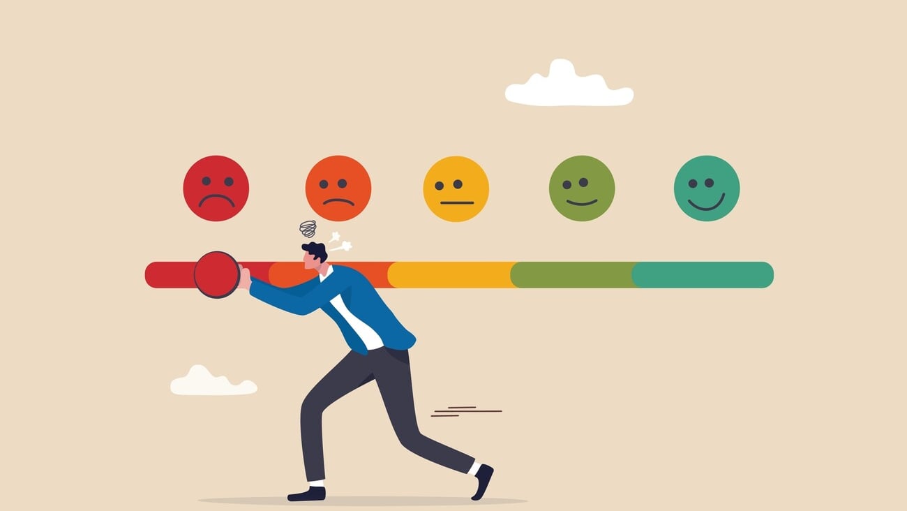 Dissatisfaction, dislike or negative feedback, angry customer or dissatisfied employee, angry review, disappointment rating or complaint concept, man pushing rating bar to dissatisfaction level.; Shutterstock ID 2216369629