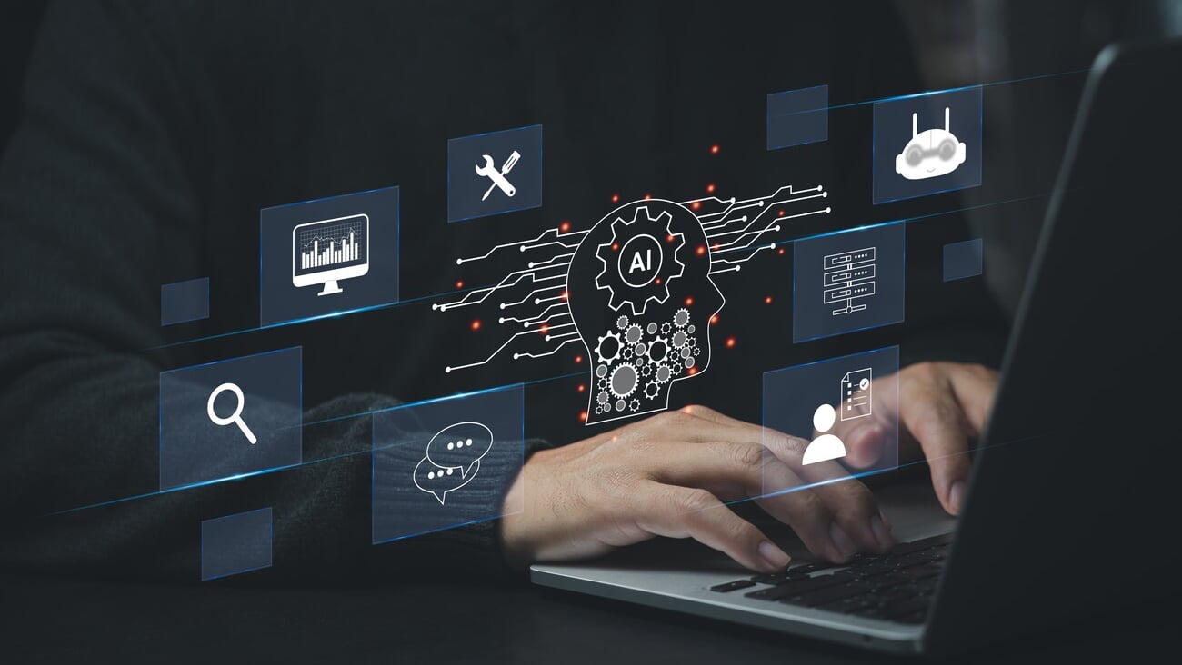 ChatGPT Chat with AI or Artificial Intelligence. Digital chatbot, robot application, OpenAI generate. Futuristic technology, Man using laptop computer on virtual screen.; Shutterstock ID 2252587301