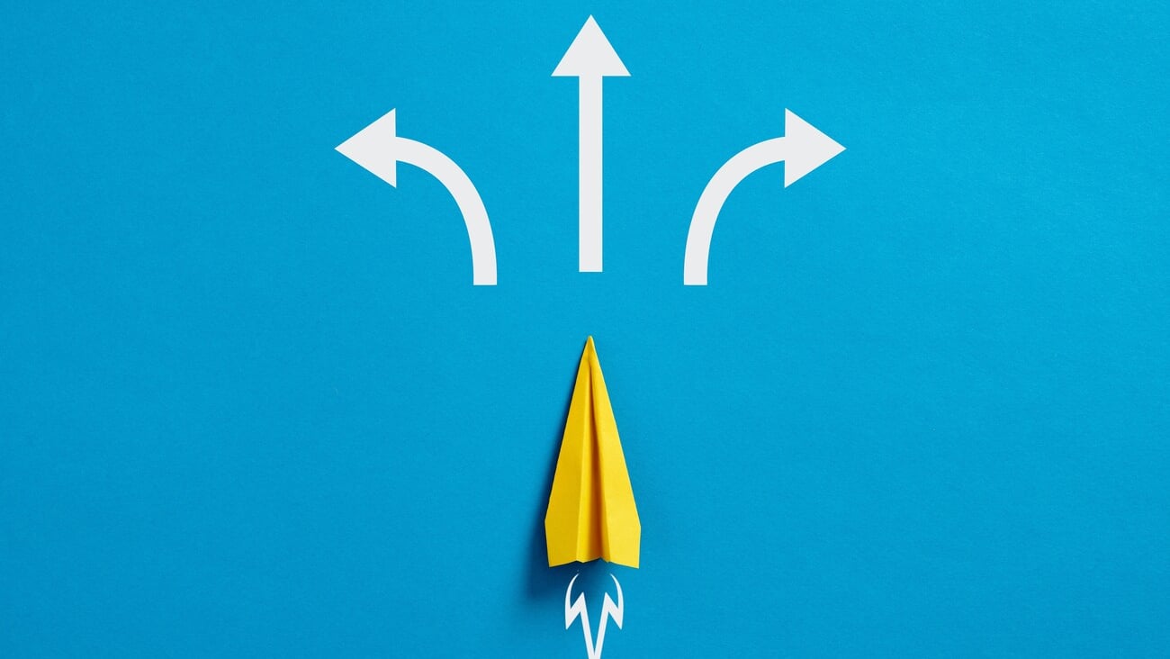 Business decision making and the way to success. Choosing a strategic path to move forward. Alternative options and business solutions. Paper plane with arrows pointing different directions.; Shutterstock ID 2255670075