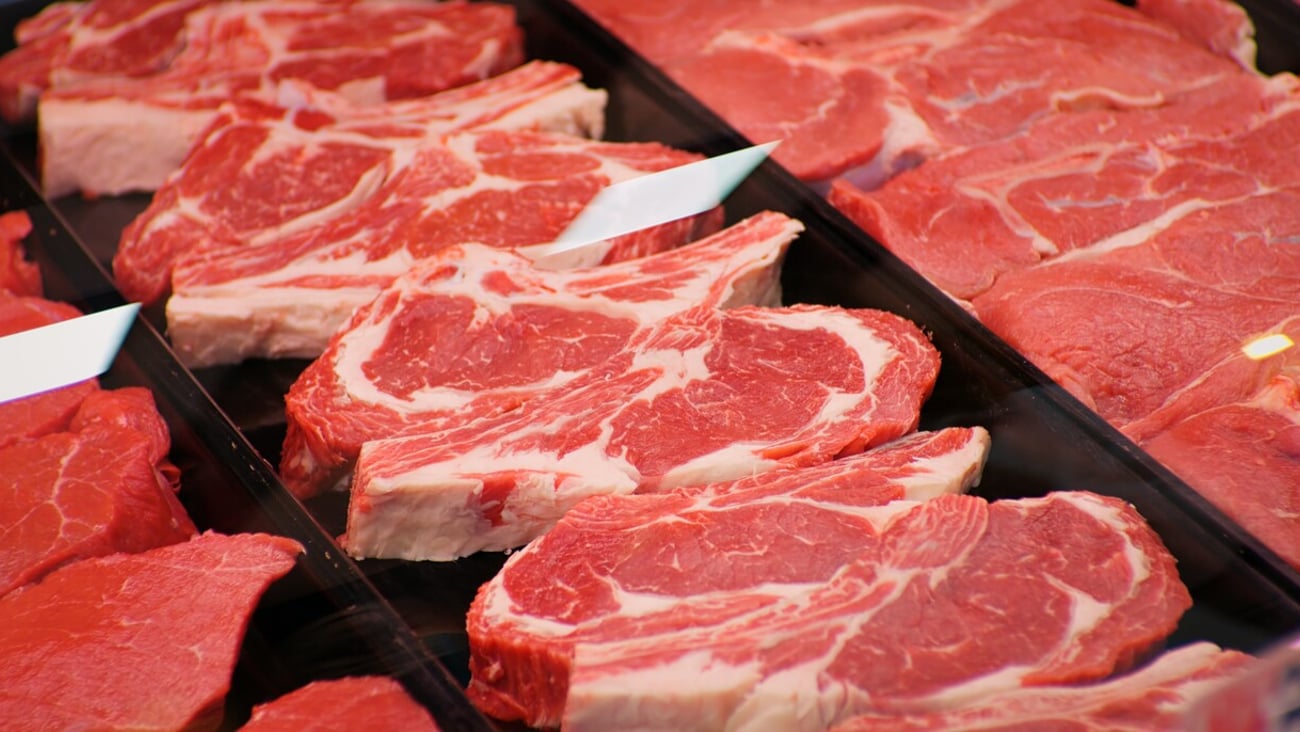 Red rib eye meat for sale in meat department in a shop. Raw fresh meat ribeye for steak perfectly arranged in trays.; Shutterstock ID 2275267873