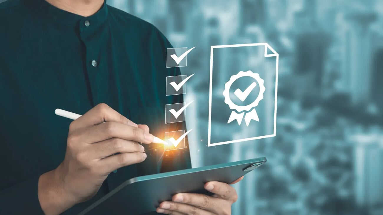 Businessman mark checklist for best quality score, product warranty, ISO standard and quality assurance concept.; Shutterstock ID 2351881827