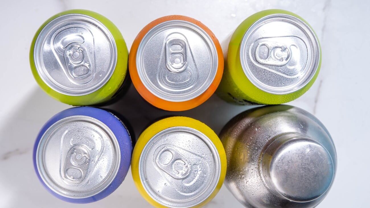 RTD Cocktail or mocktail, Ready to Drink canned beverage in colorful tin cans bottles, trendy easy way to make cocktails ; Shutterstock ID 2441556341