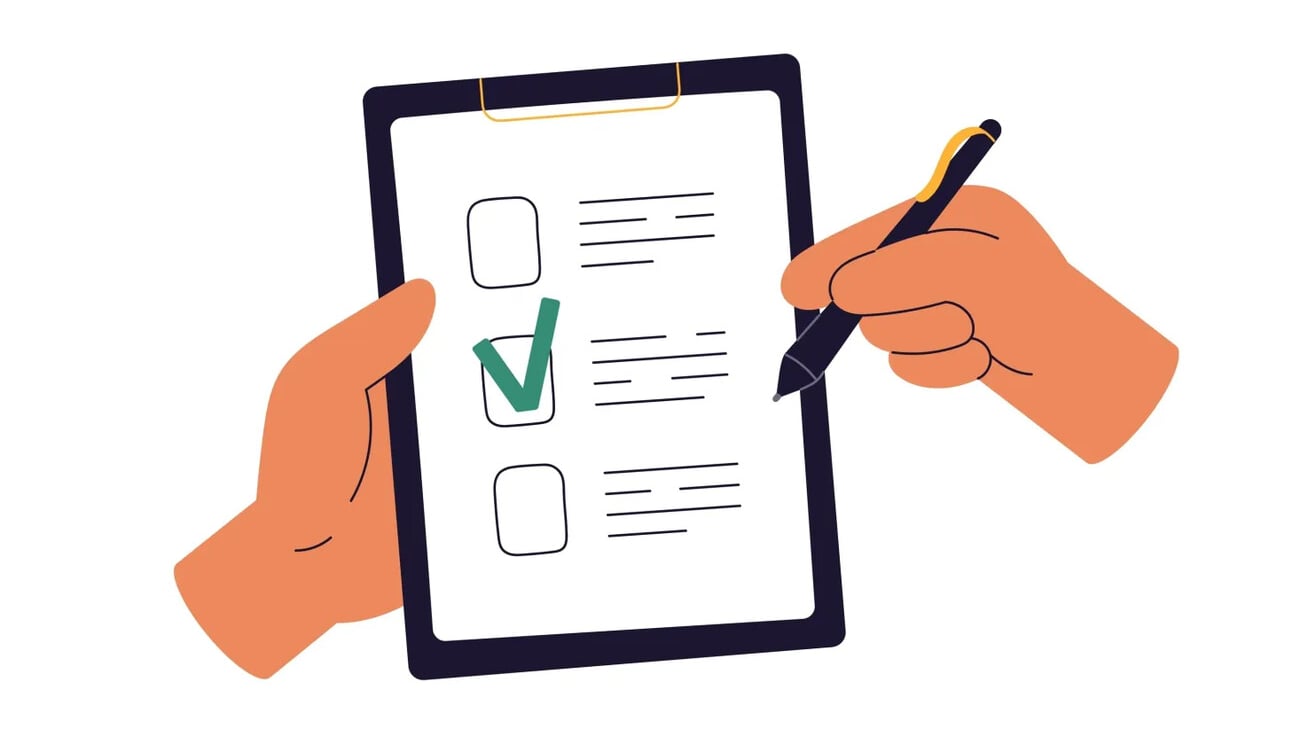 Checklist on clipboard. Hands ticking, marking checkmark on paper check-list. Filling questionnaire, survey form, document, choosing option. Flat vector illustration isolated on white background; Shutterstock ID 2447481791