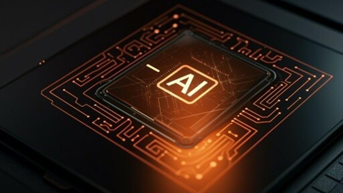 Innovation + AI with clean background, digital treatment with orange tint; Shutterstock ID 2519298801