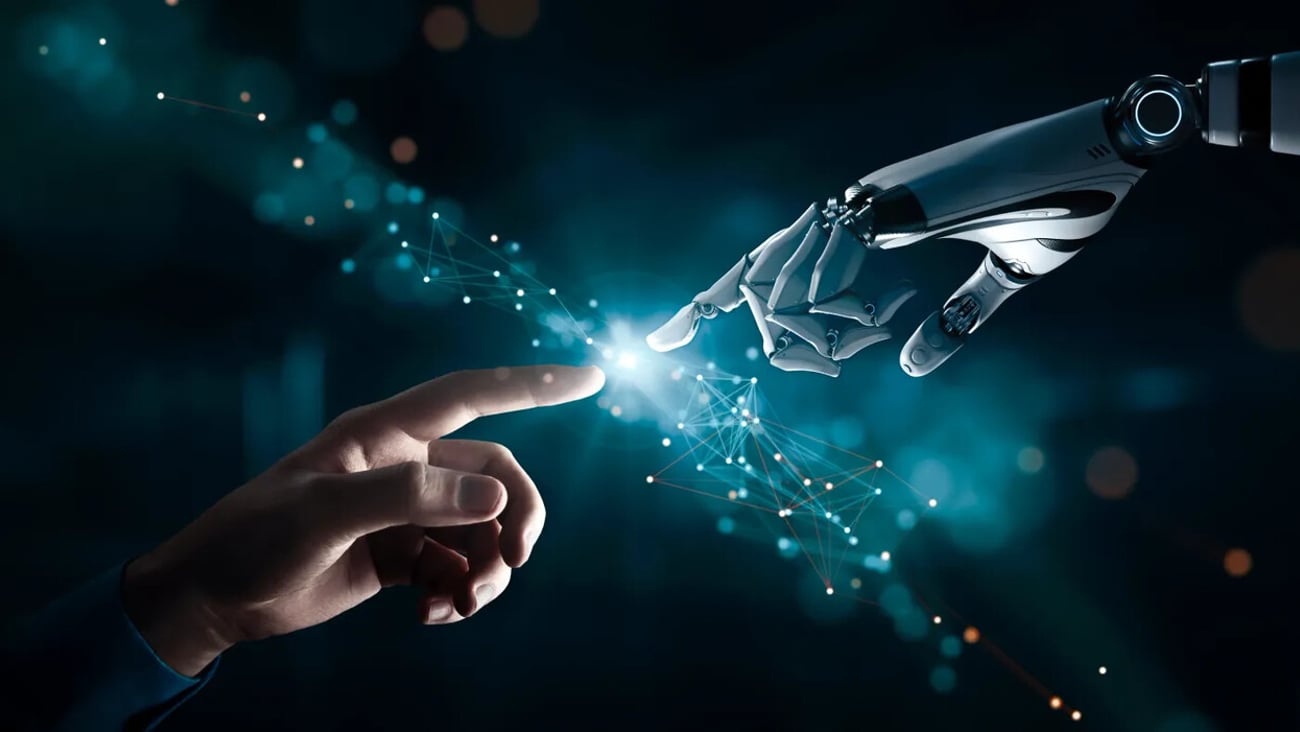 AI, Machine learning and Neural Networks . The robot's hand touches the human hand; Shutterstock ID 2543432193