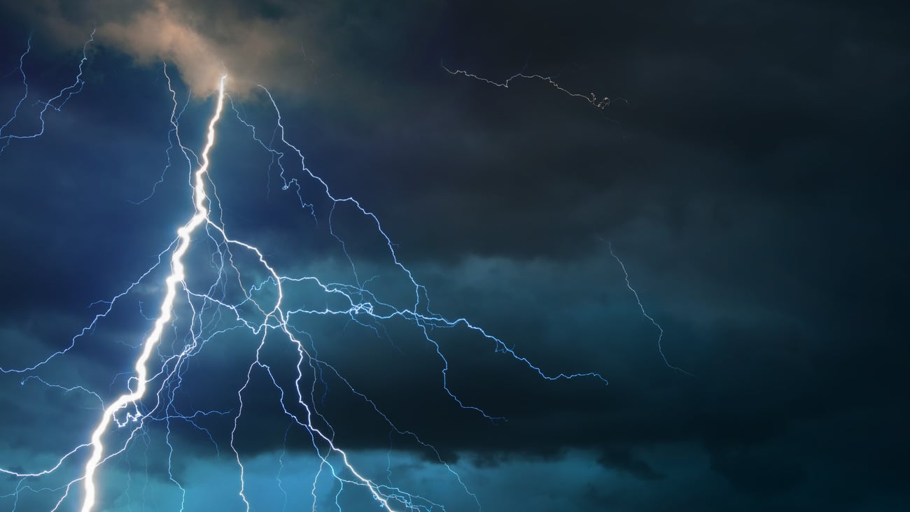Fork lightning striking down during summer storm.; Shutterstock ID 267462152