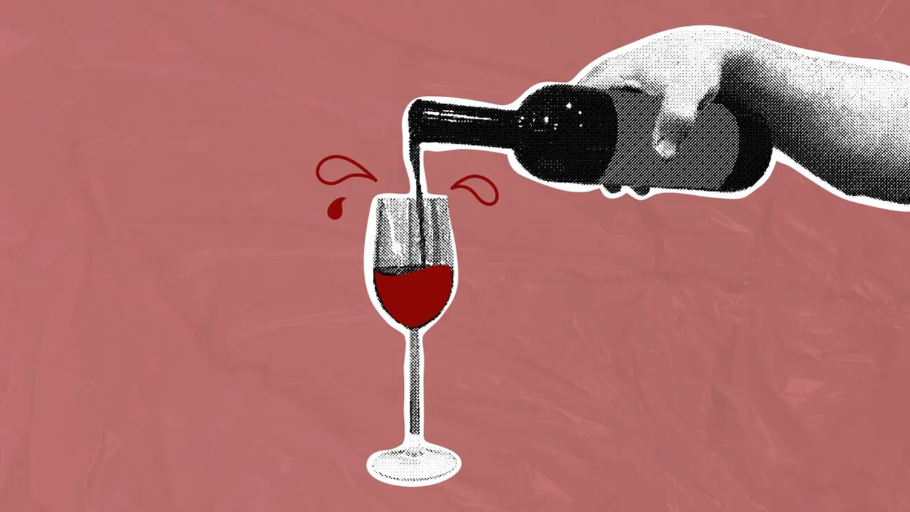 A hand pours red wine into a glass, splashing it. A trendy collage in halftones. Monochrome elements. Creative design. Concept for a celebration, romantic dinner, or wine tasting. Vector illustration