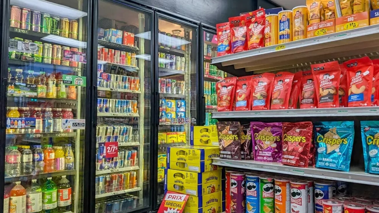 Canada, Quebec, 24 November 2025 : Colorful snack aisle filled with chips, drinks, cans, packages, bottles; Shutterstock ID 2710359665