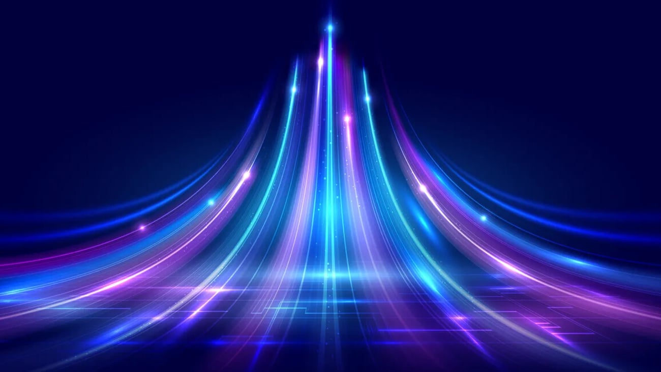Futuristic digital growth background with high speed light trails rising from a technology network grid. Abstract concept of acceleration, data flow and digital transformation for corporate innovation. Vector EPS10.