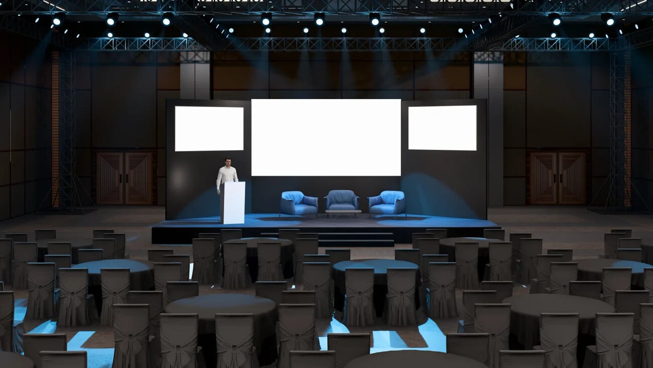 Corporate conference stage with 3 led screen and round table seating mockup design, talk show event stage, 3d render. 3d illustration.; Shutterstock ID 2754859967