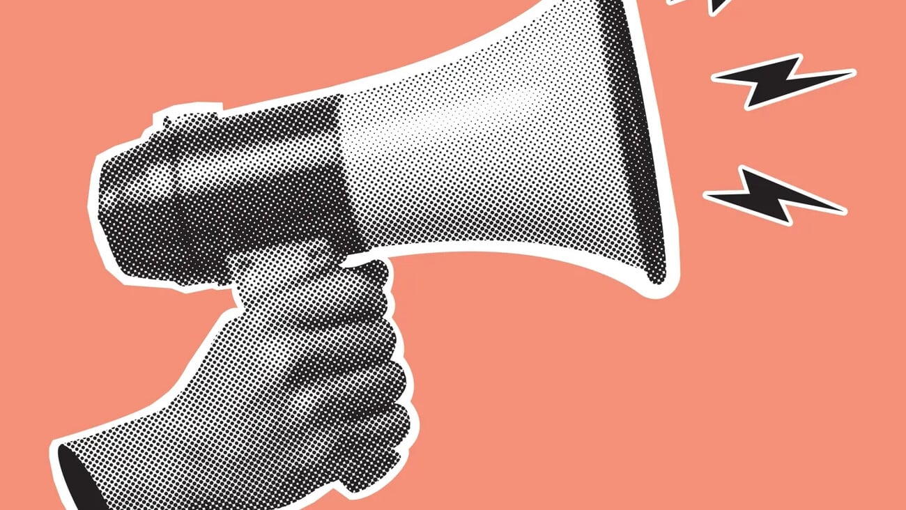 Retro halftone hand holding megaphone. Halftone collage element. Vector.; Shutterstock ID 2758822905