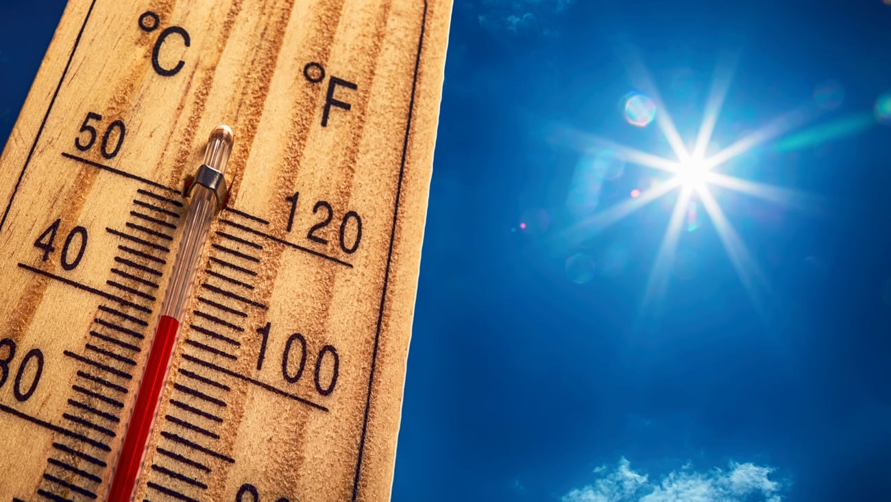 Thermometer displaying high 40 degree hot temperatures in sun summer day.; Shutterstock ID 438834709