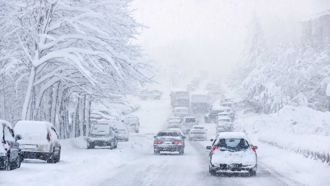 snowstorm, poor visibility,slick roads and lots of traffic; Shutterstock ID 46373200