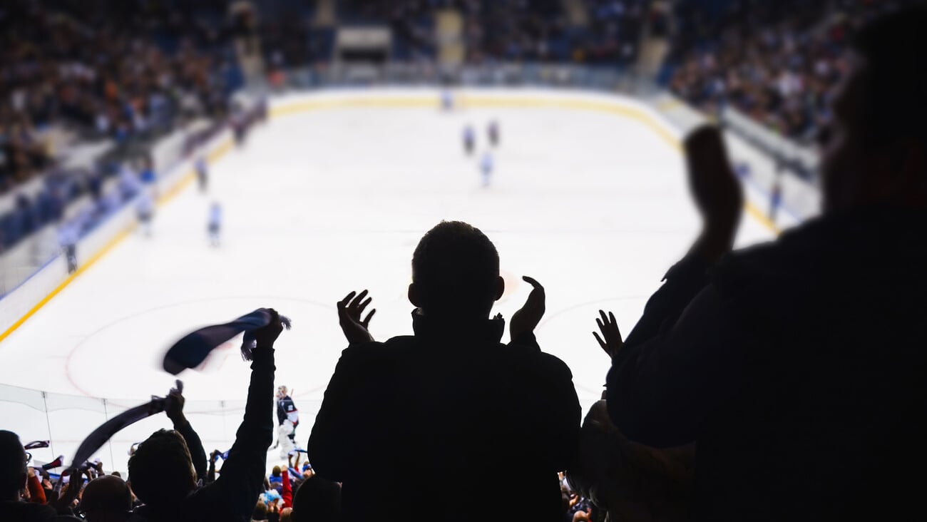 Fans support team in ice hockey stadium - happy people applause after winning goal..; Shutterstock ID 629801495