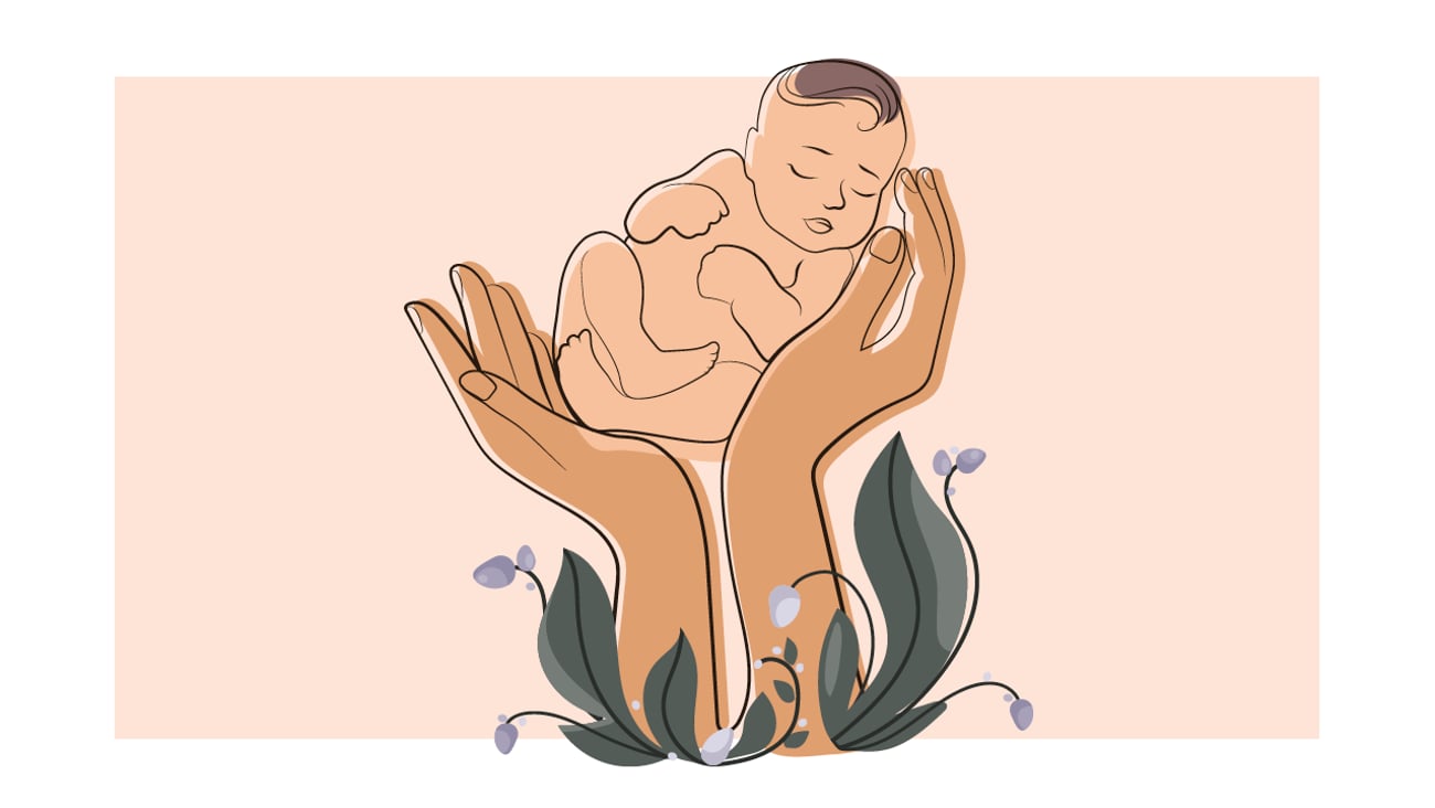 Cartoon of a pair of hands holding up a sleeping infant 