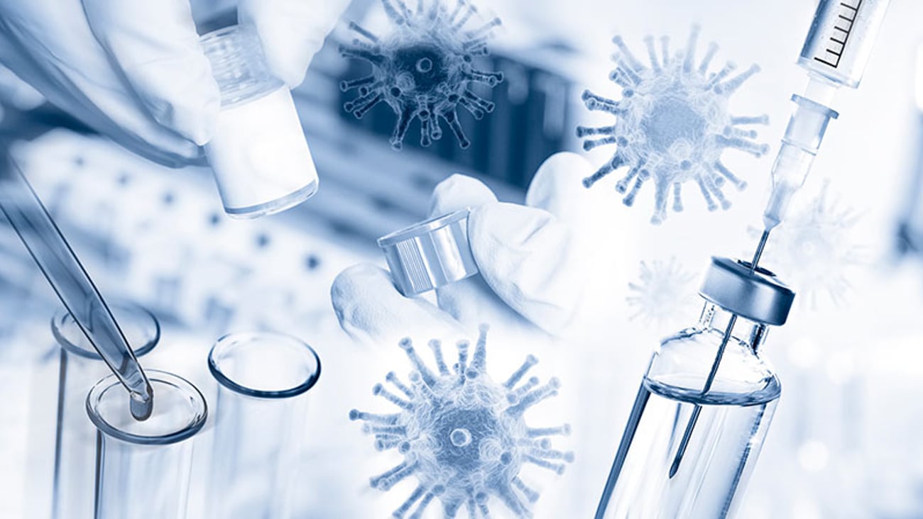 monochrome vaccine montage including test tubes, medication vials and needles