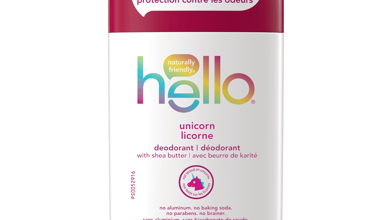 A deodorant container with hello written on it in a rainbow font