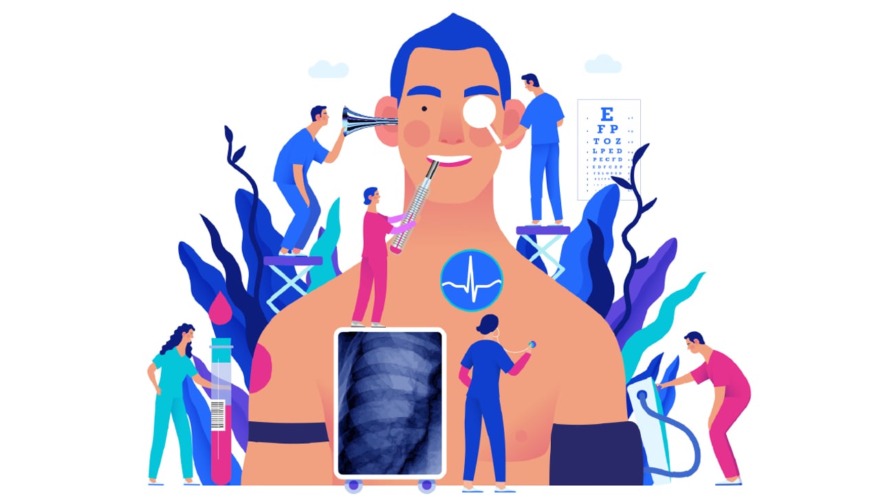 A cartoon of a giant man having several medical tests done by tiny doctors