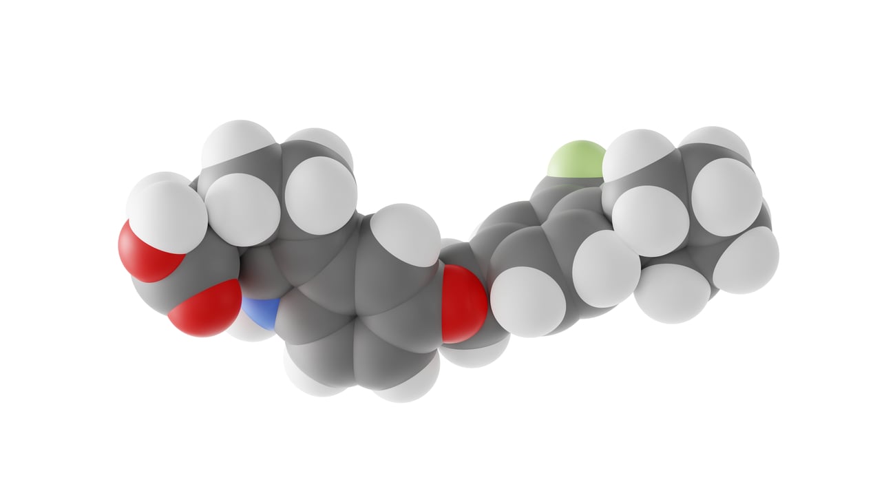 This 3D model depicts the molecular form of etrasimod, sold under the brand name Velsipity.