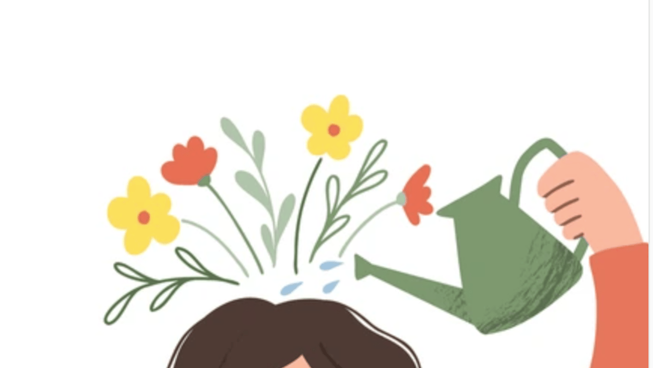 graphic of a woman watering flowers from her head, for positive mindset