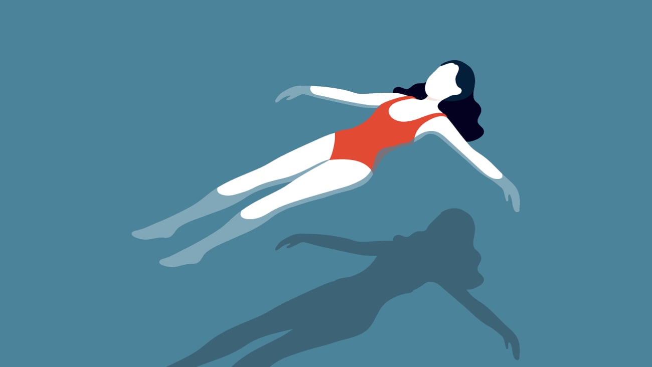 Cartoon of a woman floating in a swimming pool