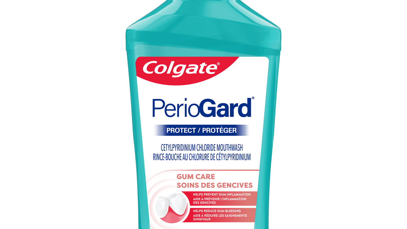 A blue bottle of Colgate PerioGard Protect mouthwash