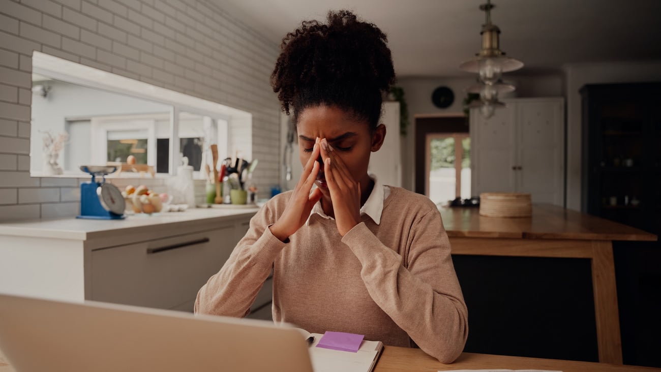 Stressful african american businesswoman holding nose bridge, suffering from dry eyes syndrome after long laptop use; Shutterstock ID 1771603019