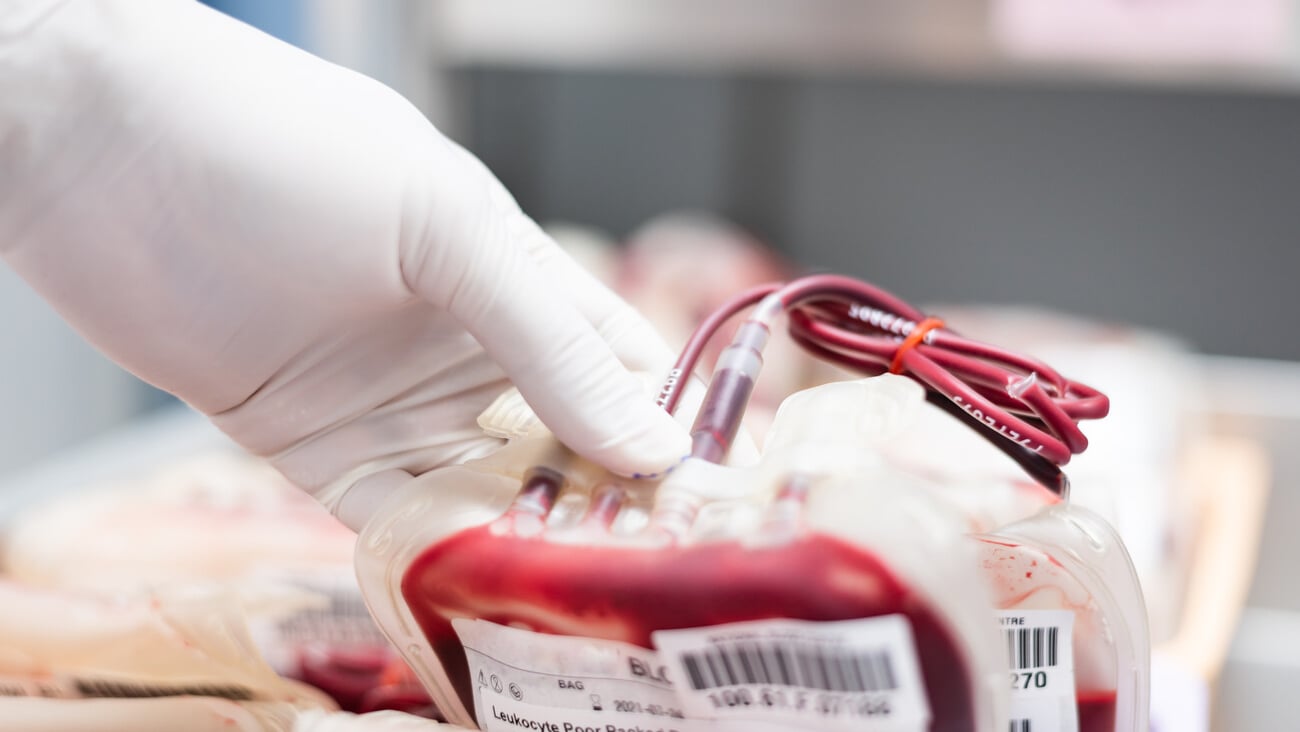 Close up scientist hand holding red blood bag in storage blood refrigerator at blood bank unit laboratory.Save life and medical treatment concept.; Shutterstock ID 1189719976