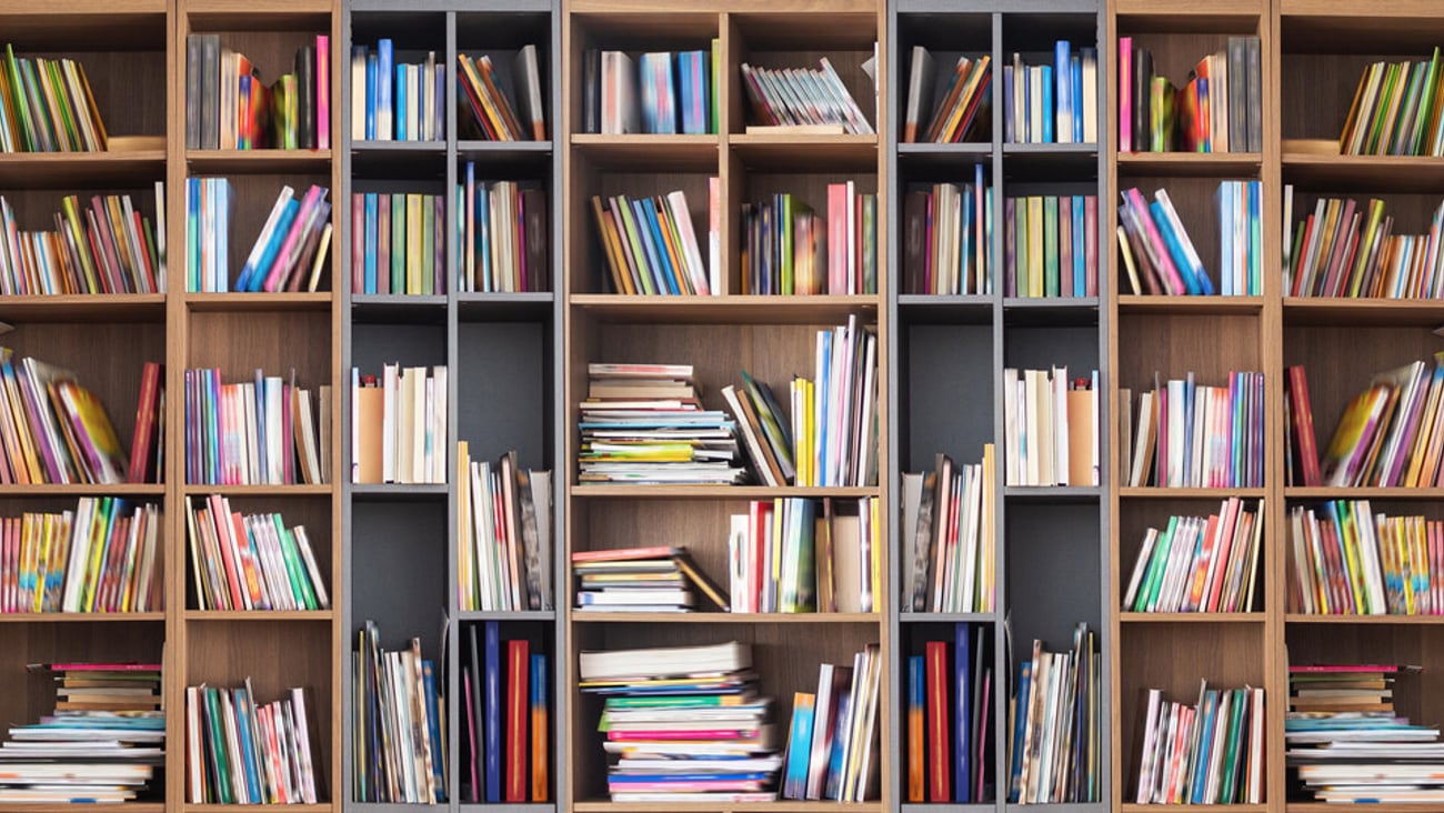 Wide book shelves with blurry effect on book cover; Shutterstock ID 1175199175