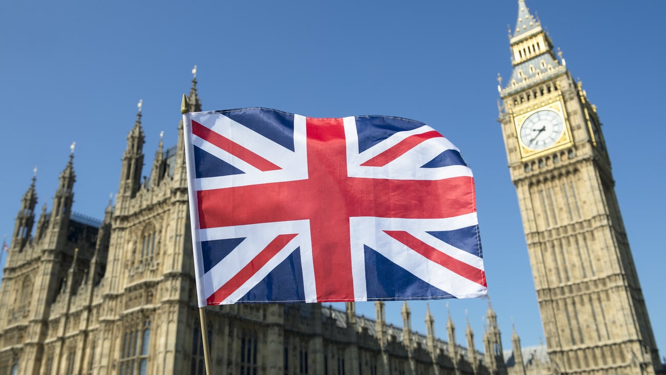 Great British Union Jack flag flying in front of Big Ben and the Houses of Parliament at Westminster Palace, London, a symbol of national pride during the EU Brexit and election proceedings; Shutterstock ID 433815025