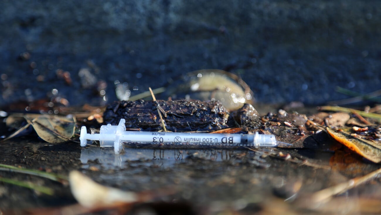 San Francisco CA. 2-25-2018: Dirty Used Hypodermic Needles lay on the side walks and in the gutters of Downtown San Francisco California.