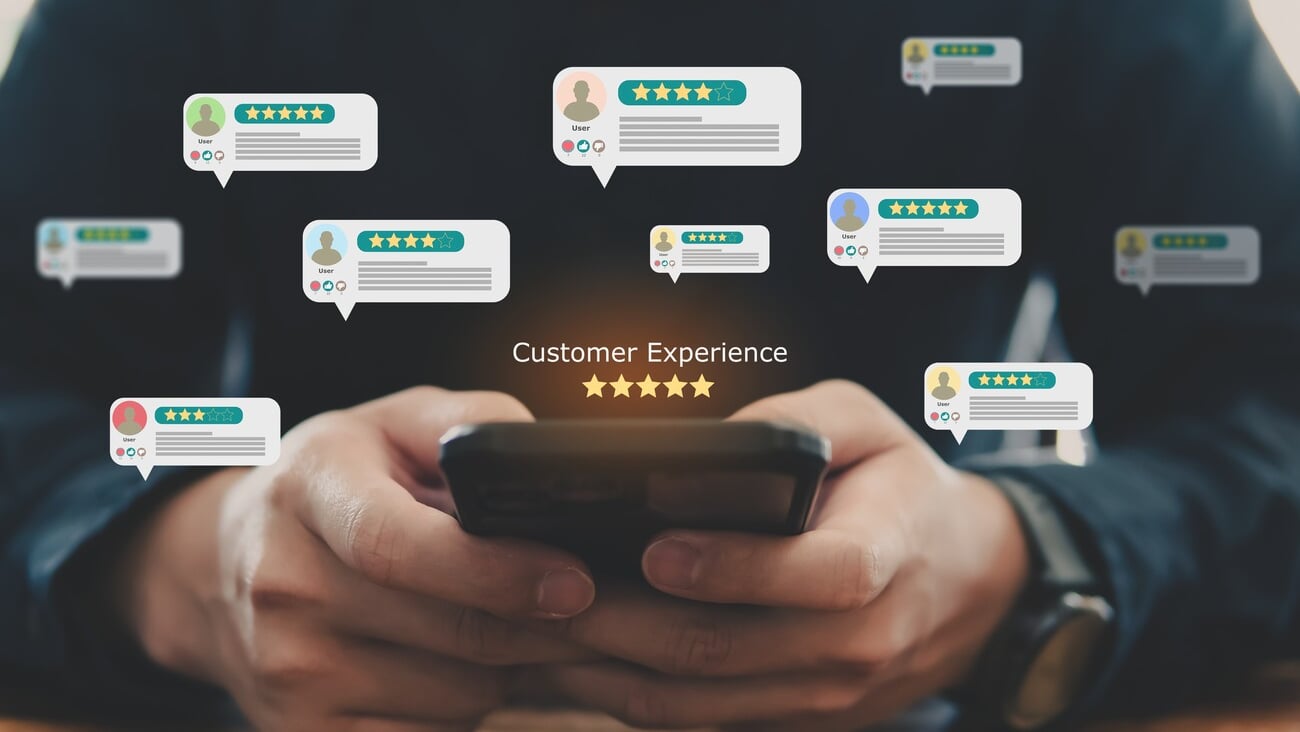 Customer review good rating concept, hand pressing smile face and five star icon on visual screen for positive customer feedback, testimonial and testimony, user comment and feedback for review.; Shutterstock ID 2277525683