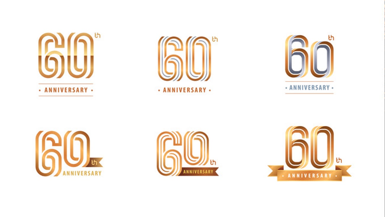 Set of 60th Anniversary logotype design, Sixty years Celebrate Anniversary Logo multiple line for Congratulation celebration event, invitation, greeting, Flyer,booklet, Abstract silver and golden logo; Shutterstock ID 1673407348