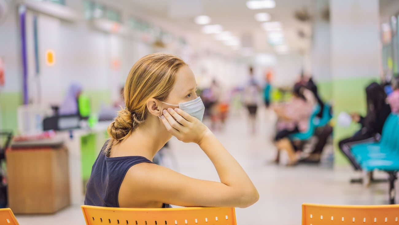 Coronavirus in the hospital covid 19. Woman in a medical mask Patients In Doctors Waiting Room; Shutterstock ID 1721906755